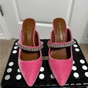 Kurt Geiger Duke Crystal Strap Pointed Toe Pink Velvet Heels